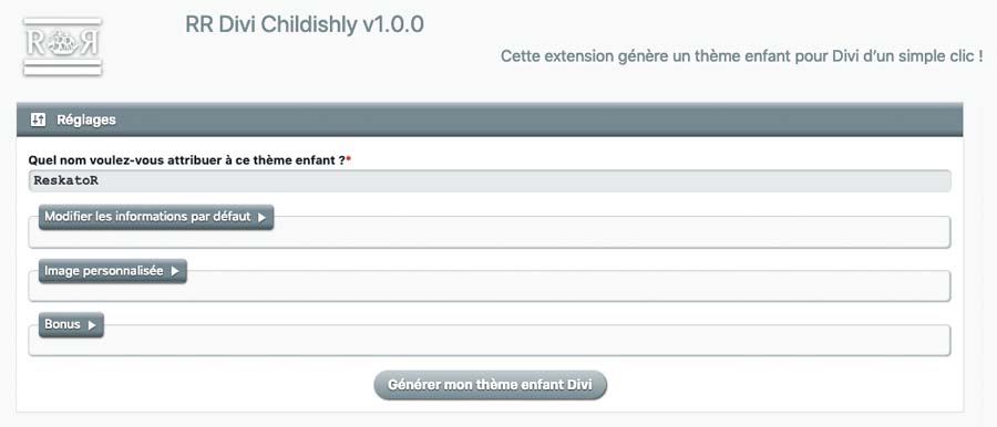 Fenêtre par défaut du plugin RR Divi Childishly