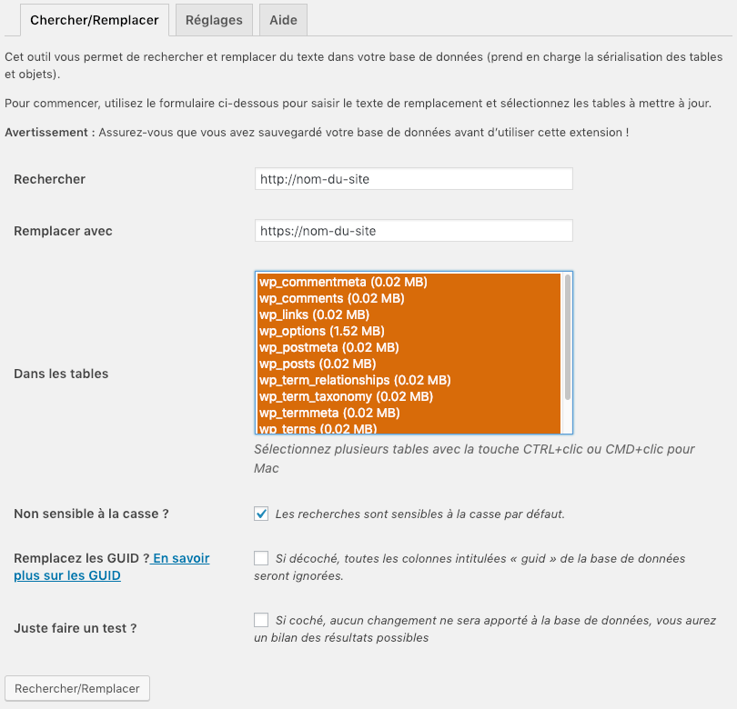 Écran principal de Better Search Replace