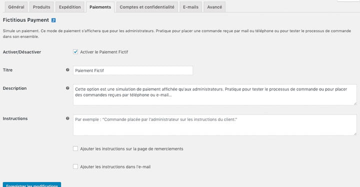 RR Fictitious Payment Settings